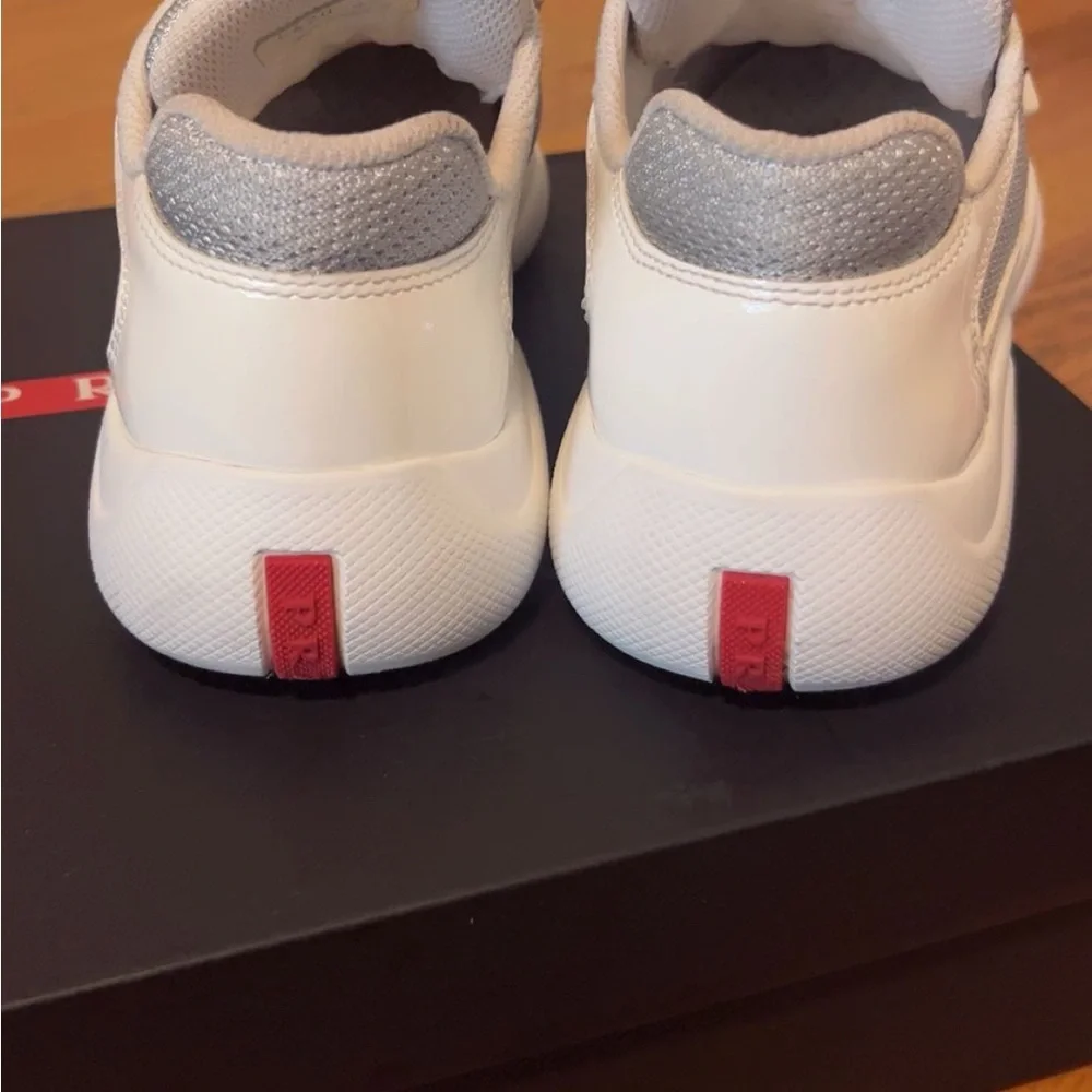 Prada Men’s White, Silver & Red Mesh Leather Sneakers - Picture 5 of 9